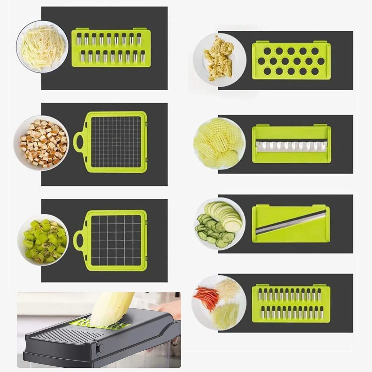 Interchangeable vegetable chopper blades for slicing, dicing, grating and julienning