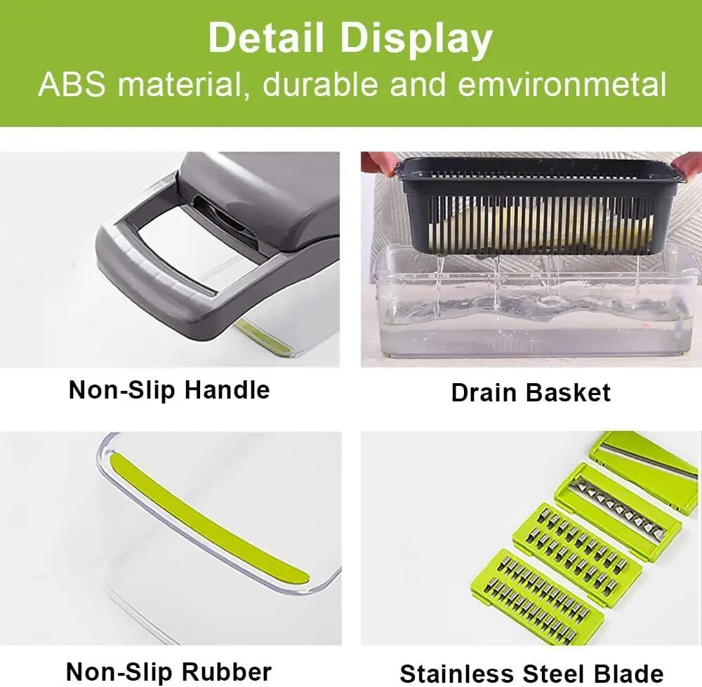 Vegetable chopper details showing non-slip handle, drain basket and stainless steel blades