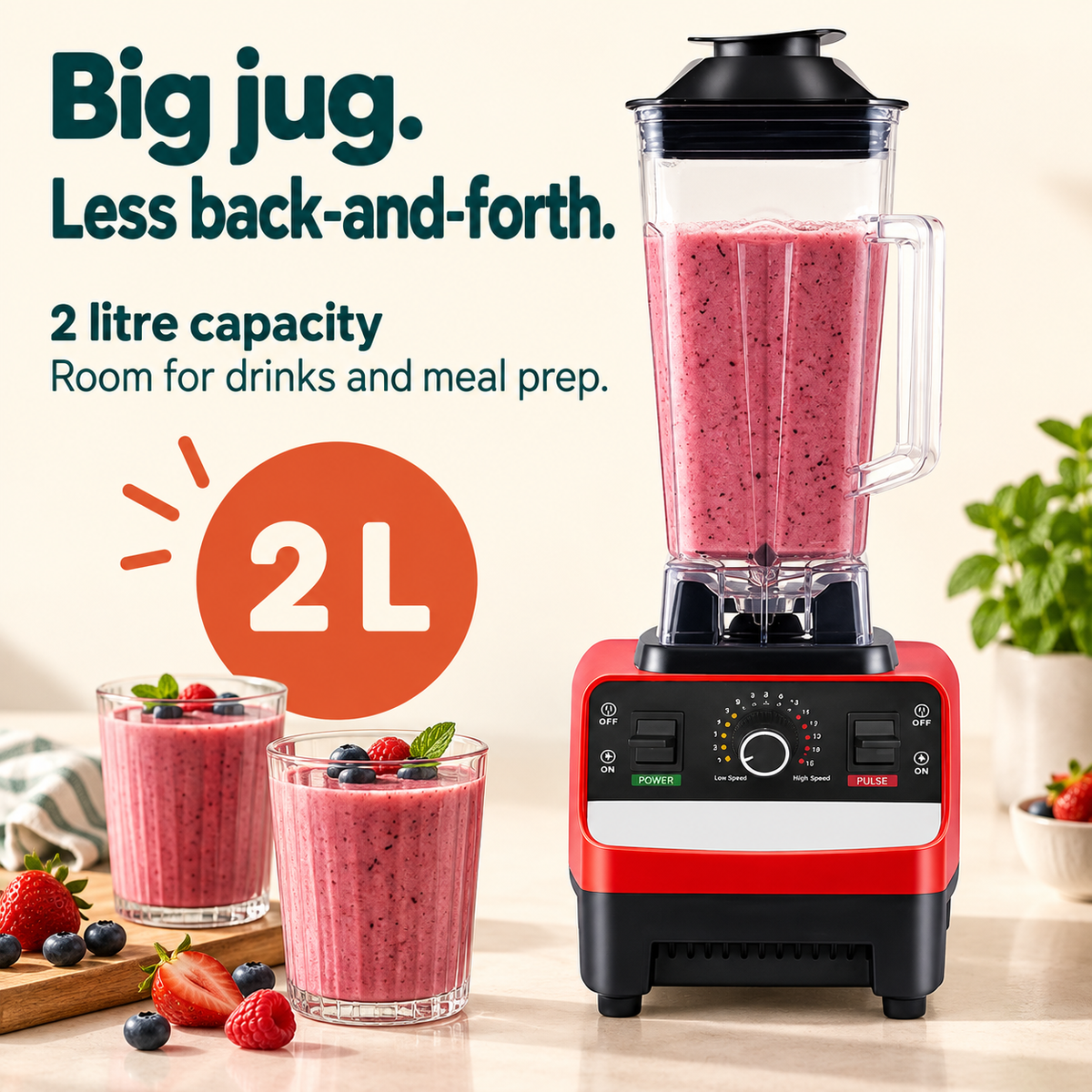 2000W Countertop Blender: Big jug. Less back-and-forth. 2 litre capacity Room for drinks and meal prep.