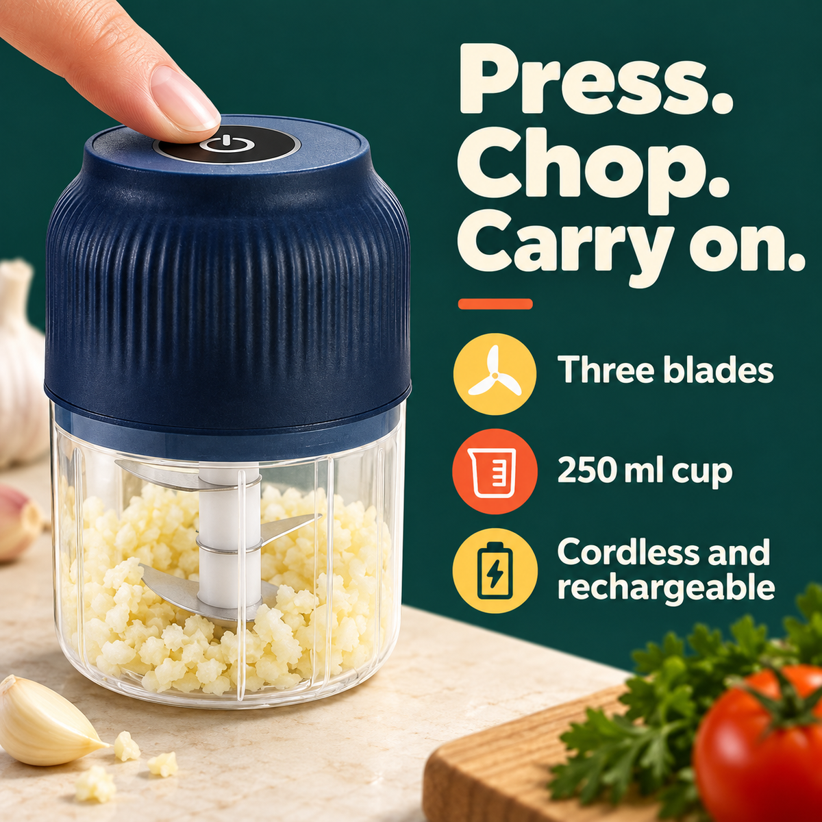 250 ml Rechargeable Mini Chopper: Press. Chop. Carry on. Three blades 250 ml cup Cordless and rechargeable