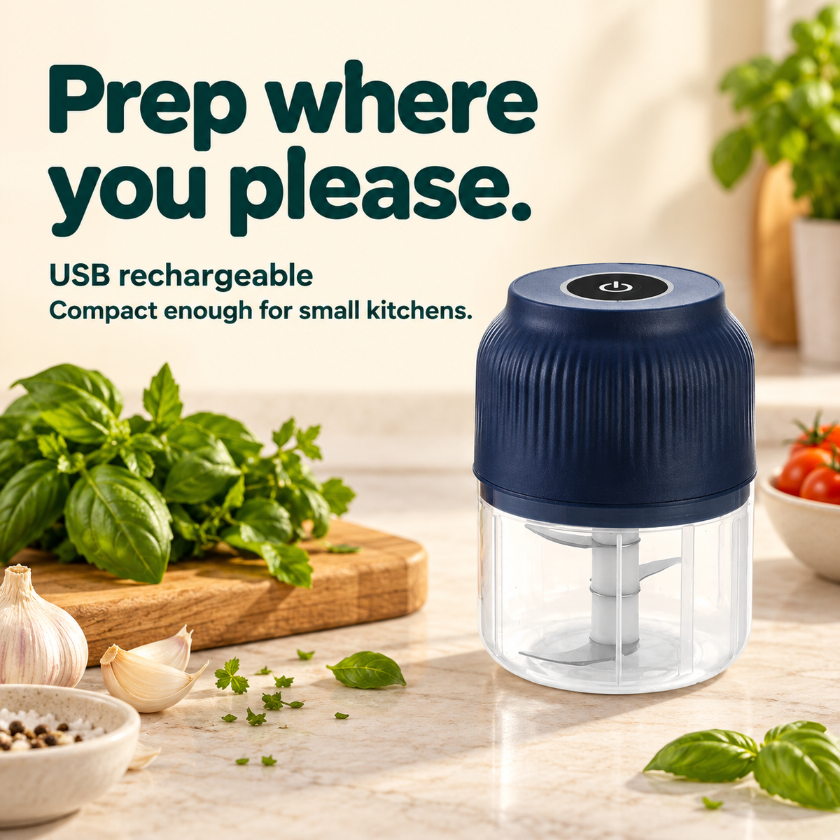 250 ml Rechargeable Mini Chopper: Prep where you please. USB rechargeable Compact enough for small kitchens.