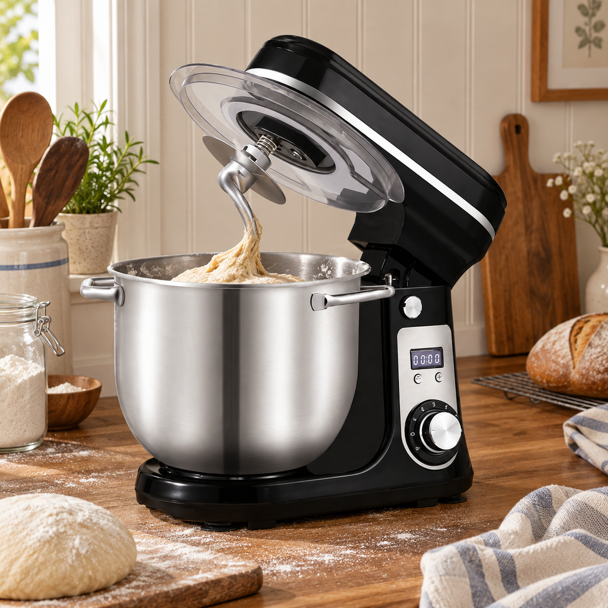 Black stand mixer with bread dough in a stainless steel bowl in a baking corner
