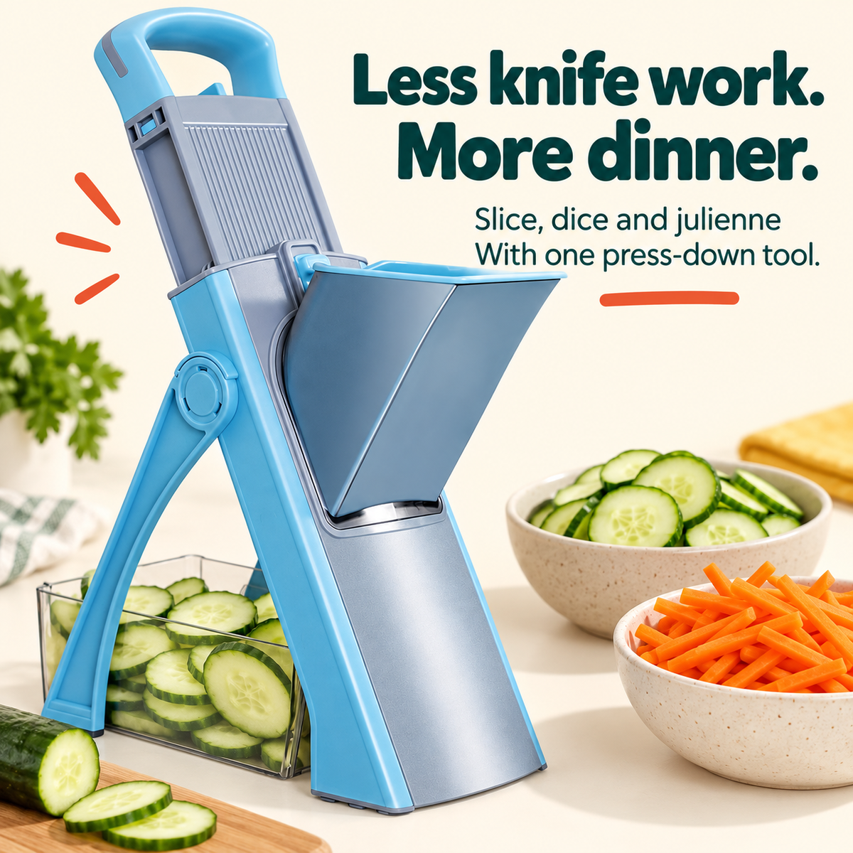 Adjustable Safe Vegetable Slicer: Less knife work. More dinner. Slice, dice and julienne With one press-down tool.