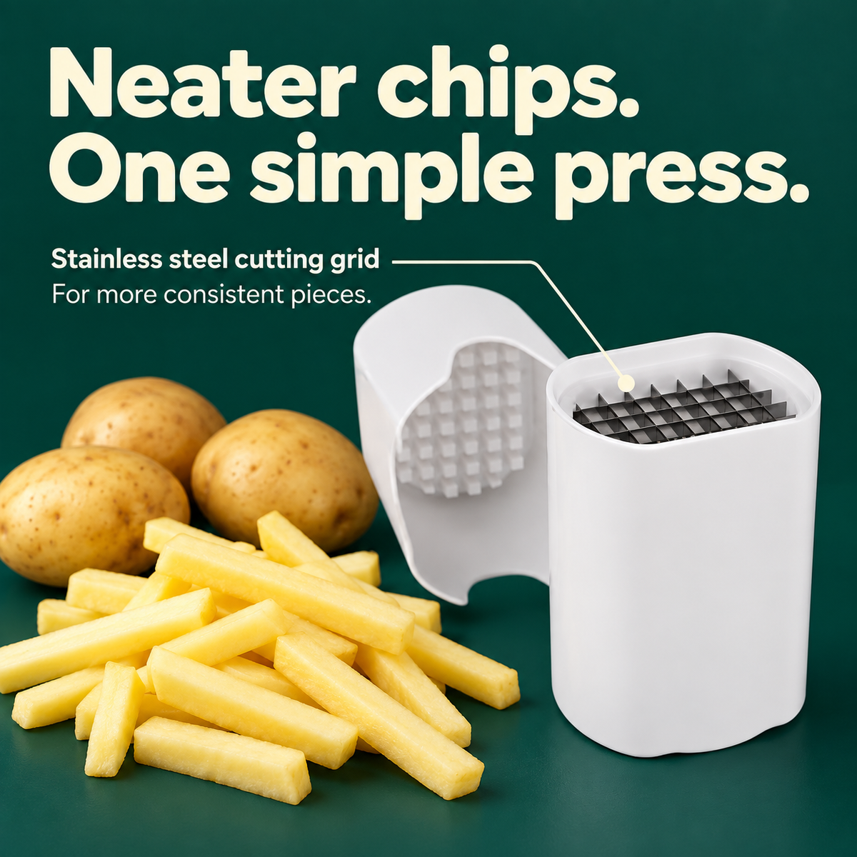 Quick-Cut French Fry Slicer: Neater chips. One simple press. Stainless steel cutting grid For more consistent pieces.