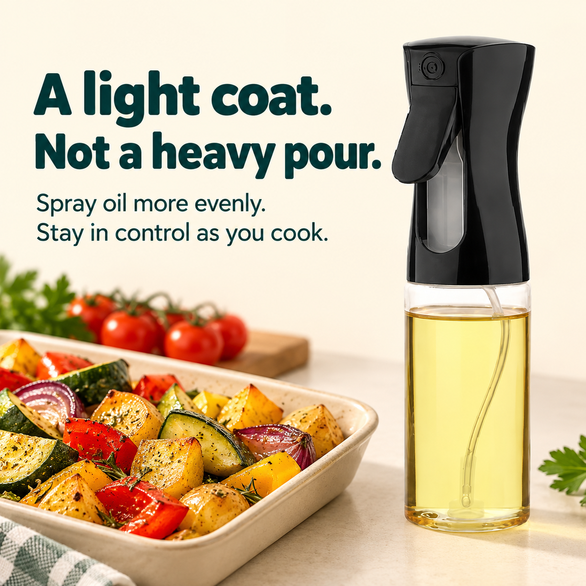 Refillable Oil Spray Bottle: A light coat. Not a heavy pour. Spray oil more evenly. Stay in control as you cook.