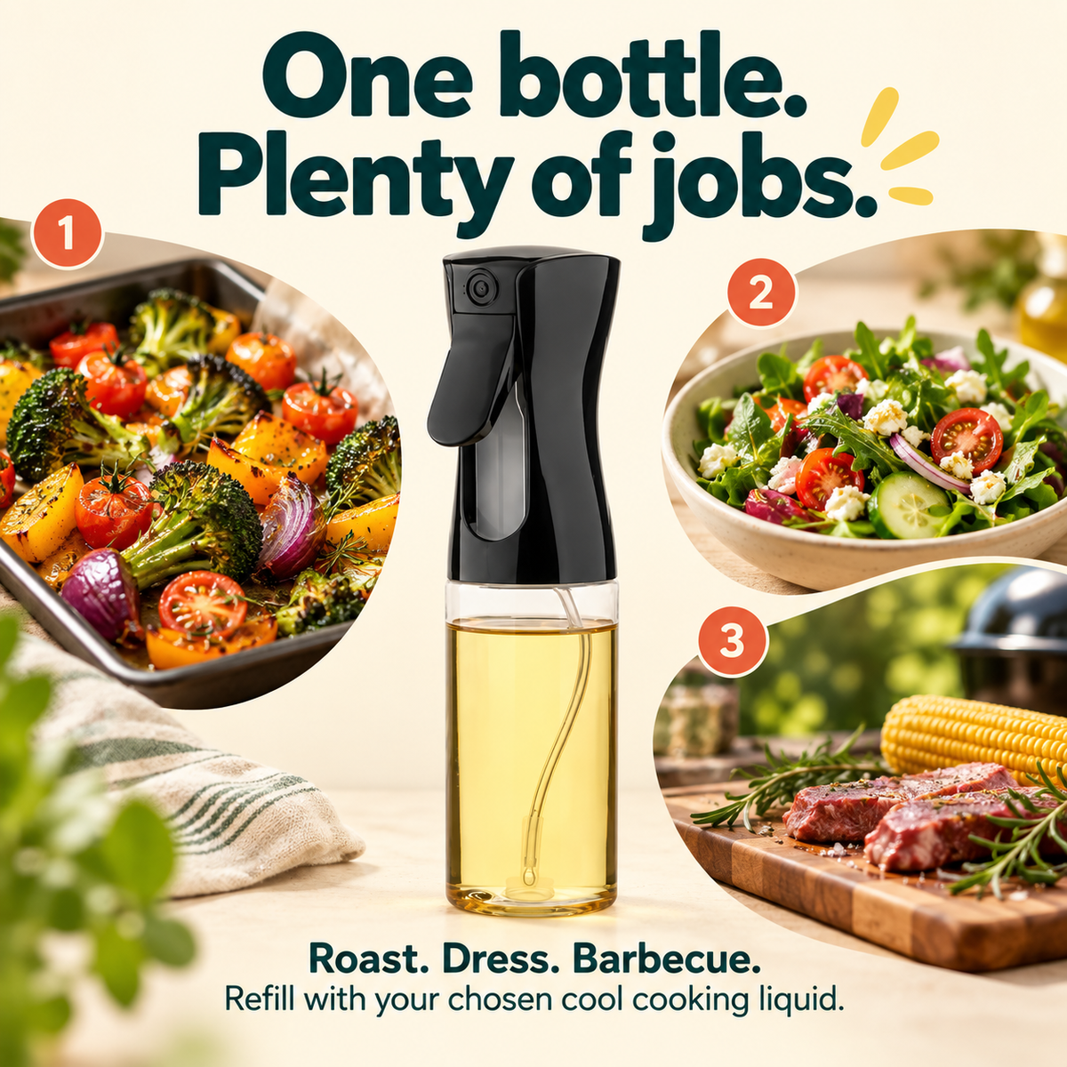 Refillable Oil Spray Bottle: One bottle. Plenty of jobs. Roast. Dress. Barbecue. Refill with your chosen cool cooking liquid.