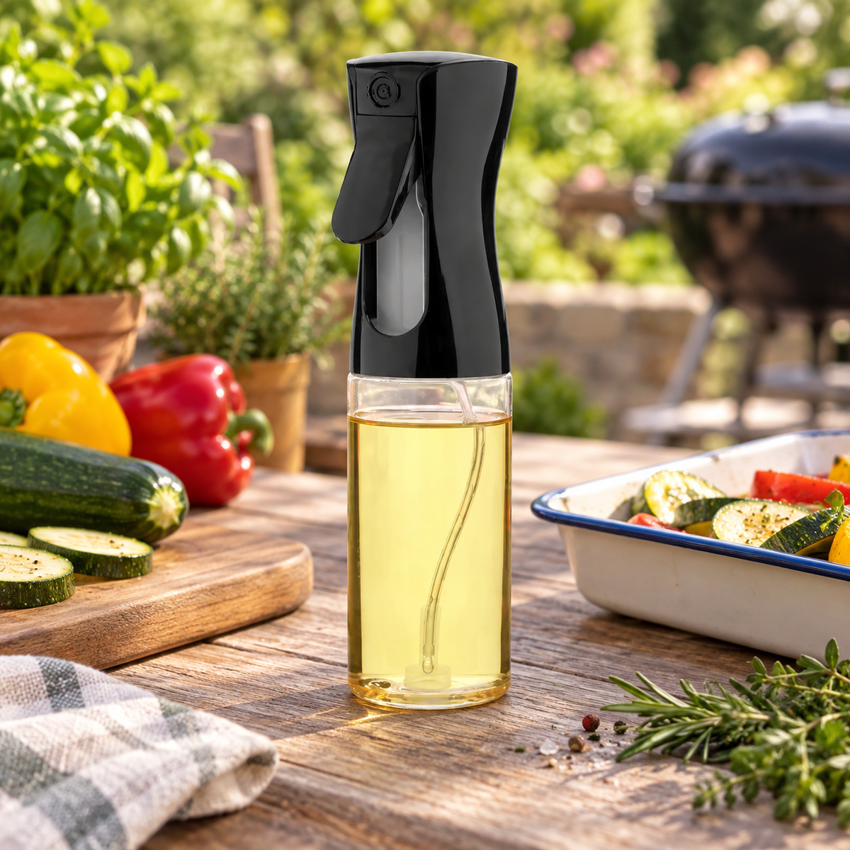 Black refillable oil spray bottle beside vegetables on an outdoor barbecue preparation table