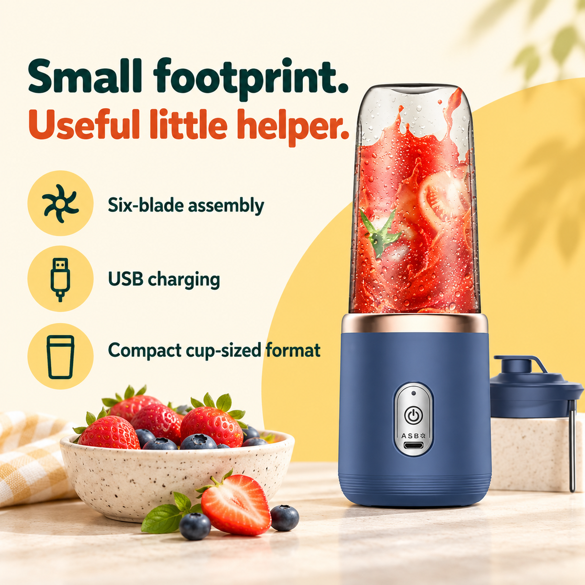 USB Personal Blender: Small footprint. Useful little helper. Six-blade assembly USB charging Compact cup-sized format