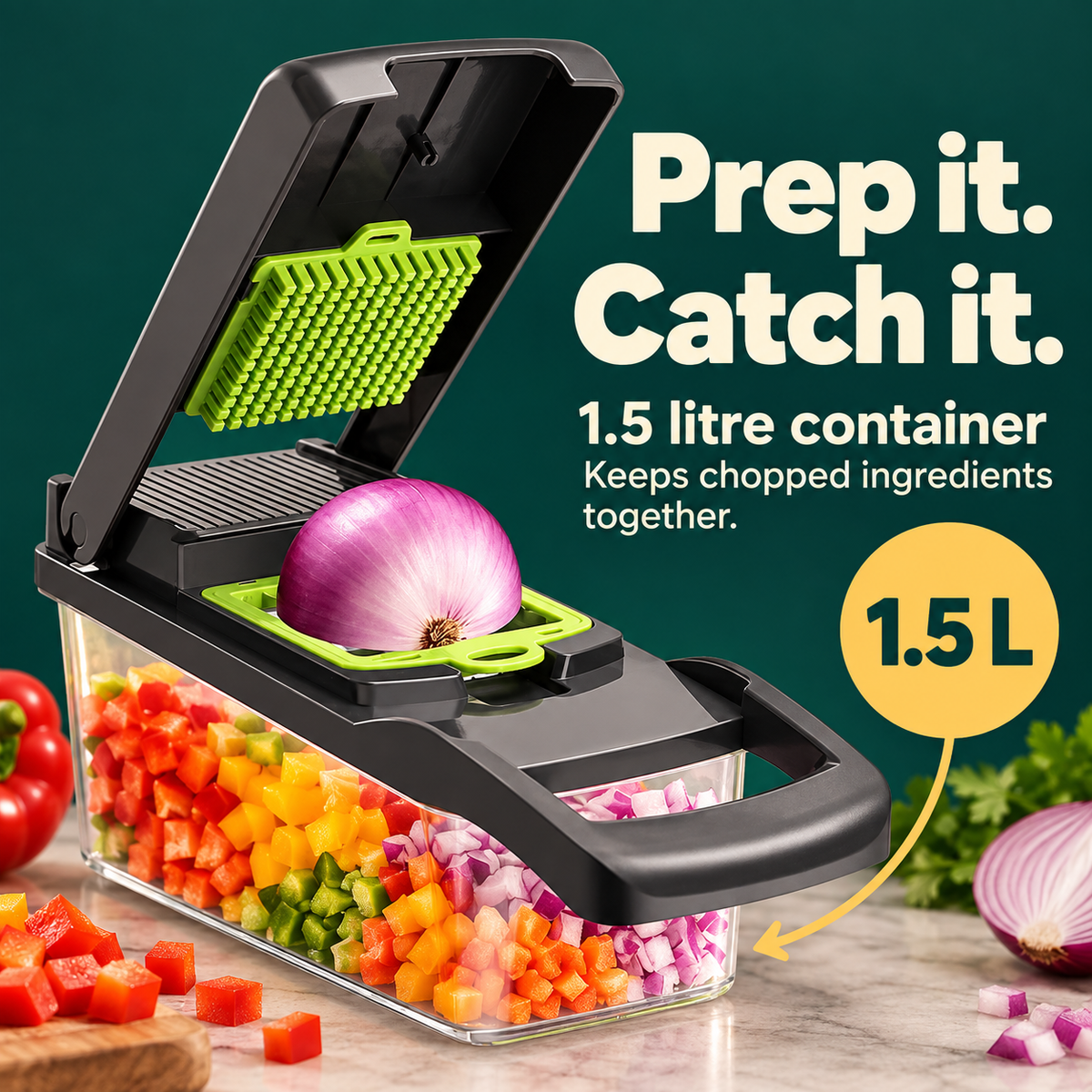 16-in-1 Vegetable Chopper: Prep it. Catch it. 1.5 litre container Keeps chopped ingredients together.