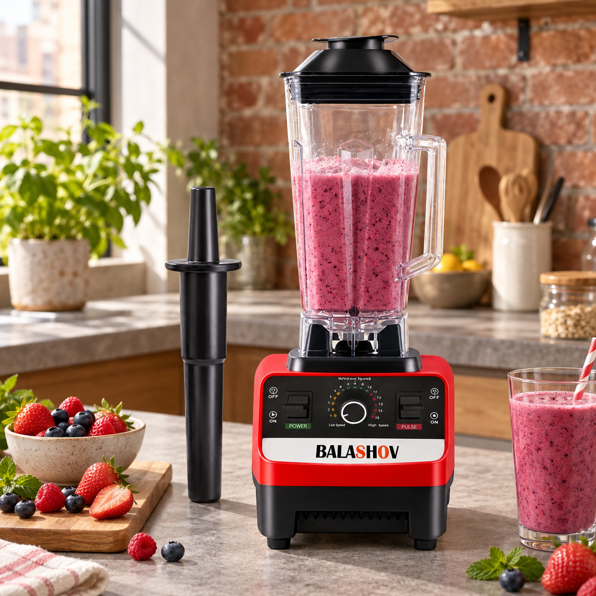 Red countertop blender with berry smoothie on a kitchen counter