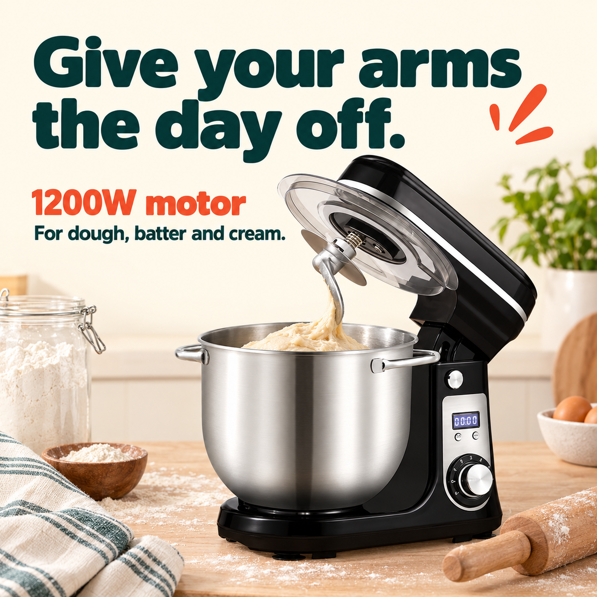 6 L 1200W Stand Mixer: Give your arms the day off. 1200W motor For dough, batter and cream.
