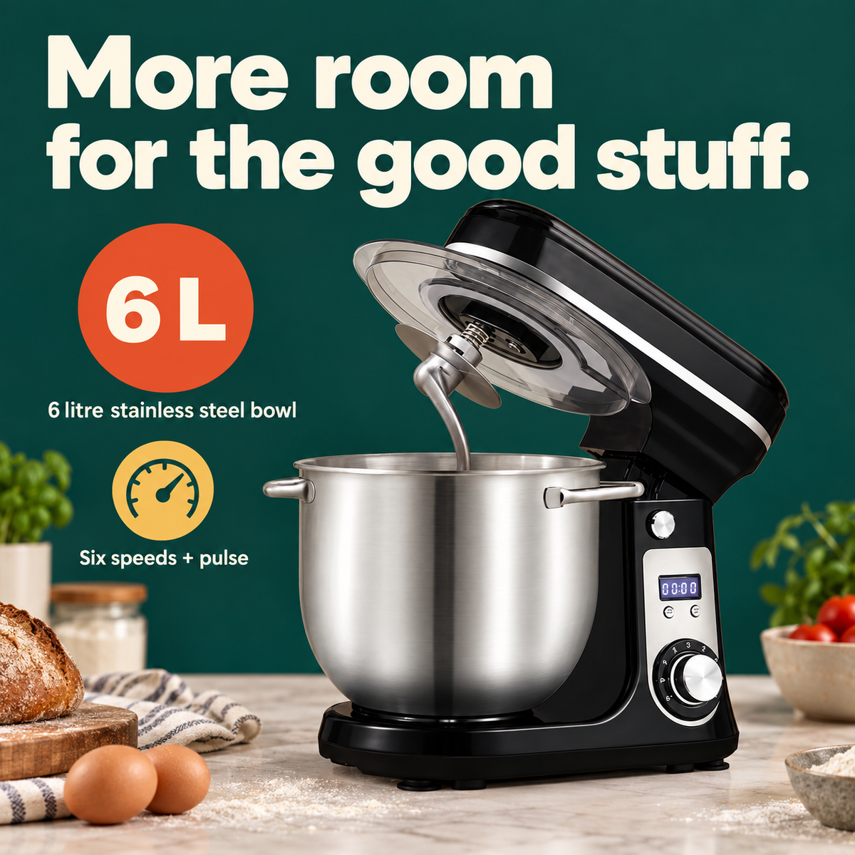 6 L 1200W Stand Mixer: More room for the good stuff. 6 litre stainless steel bowl Six speeds + pulse