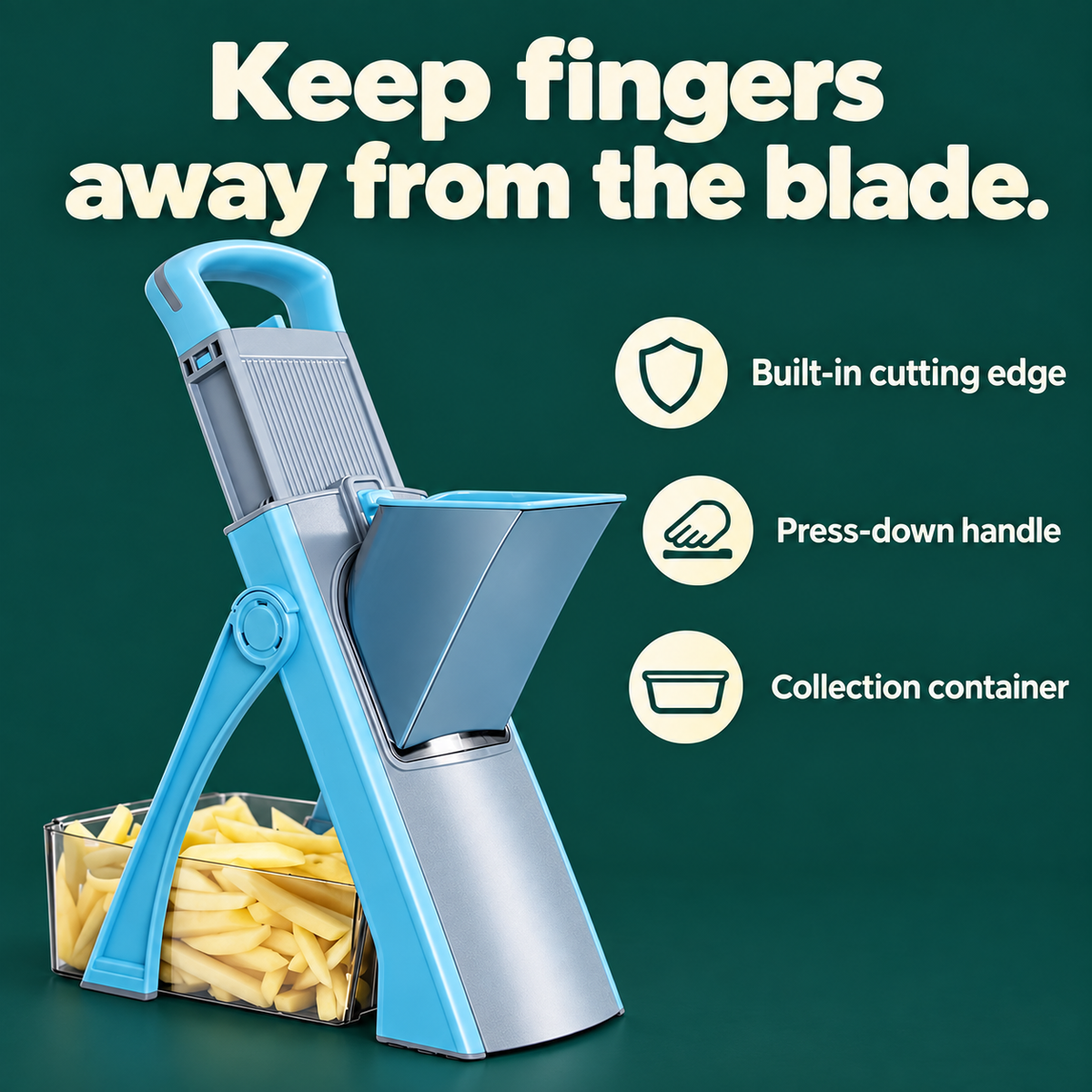 Adjustable Safe Vegetable Slicer: Keep fingers away from the blade. Built-in cutting edge Press-down handle Collection container