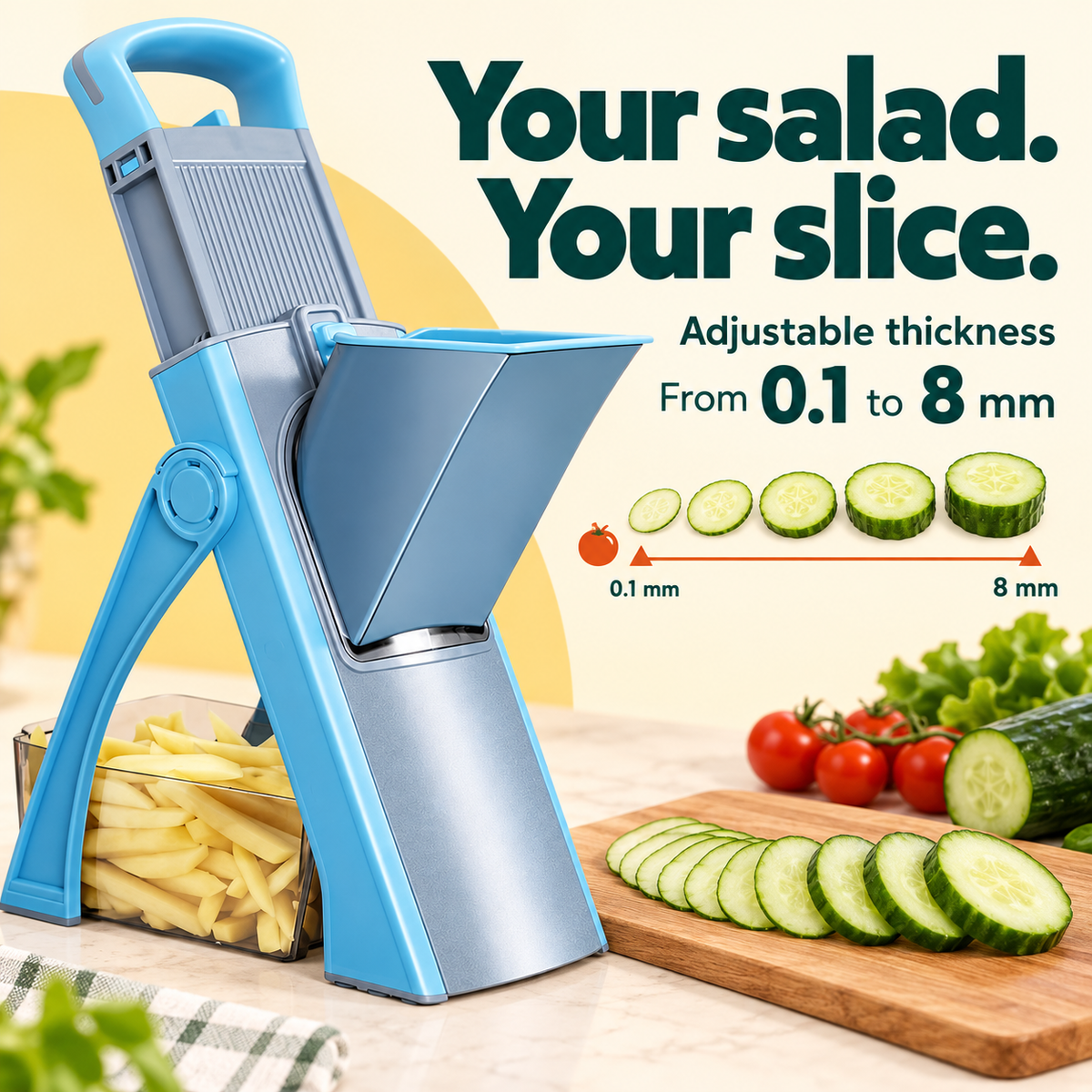 Adjustable Safe Vegetable Slicer: Your salad. Your slice. Adjustable thickness From 0.1 to 8 mm