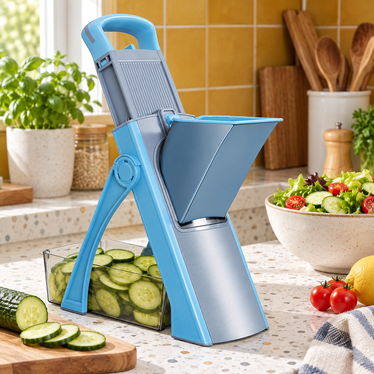 Blue upright vegetable slicer with cucumber slices on a terrazzo kitchen worktop