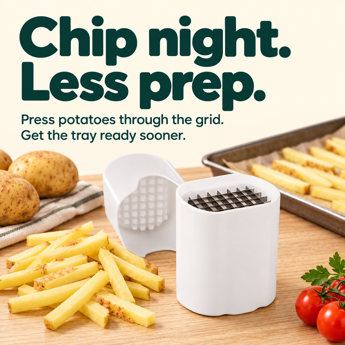 Quick-Cut French Fry Slicer: Chip night. Less prep. Press potatoes through the grid. Get the tray ready sooner.