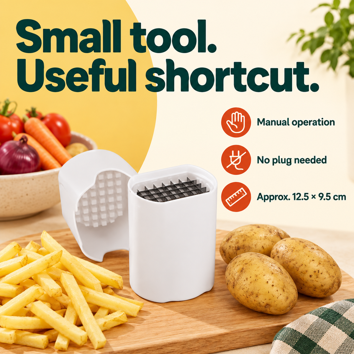 Quick-Cut French Fry Slicer: Small tool. Useful shortcut. Manual operation No plug needed Approx. 12.5 × 9.5 cm