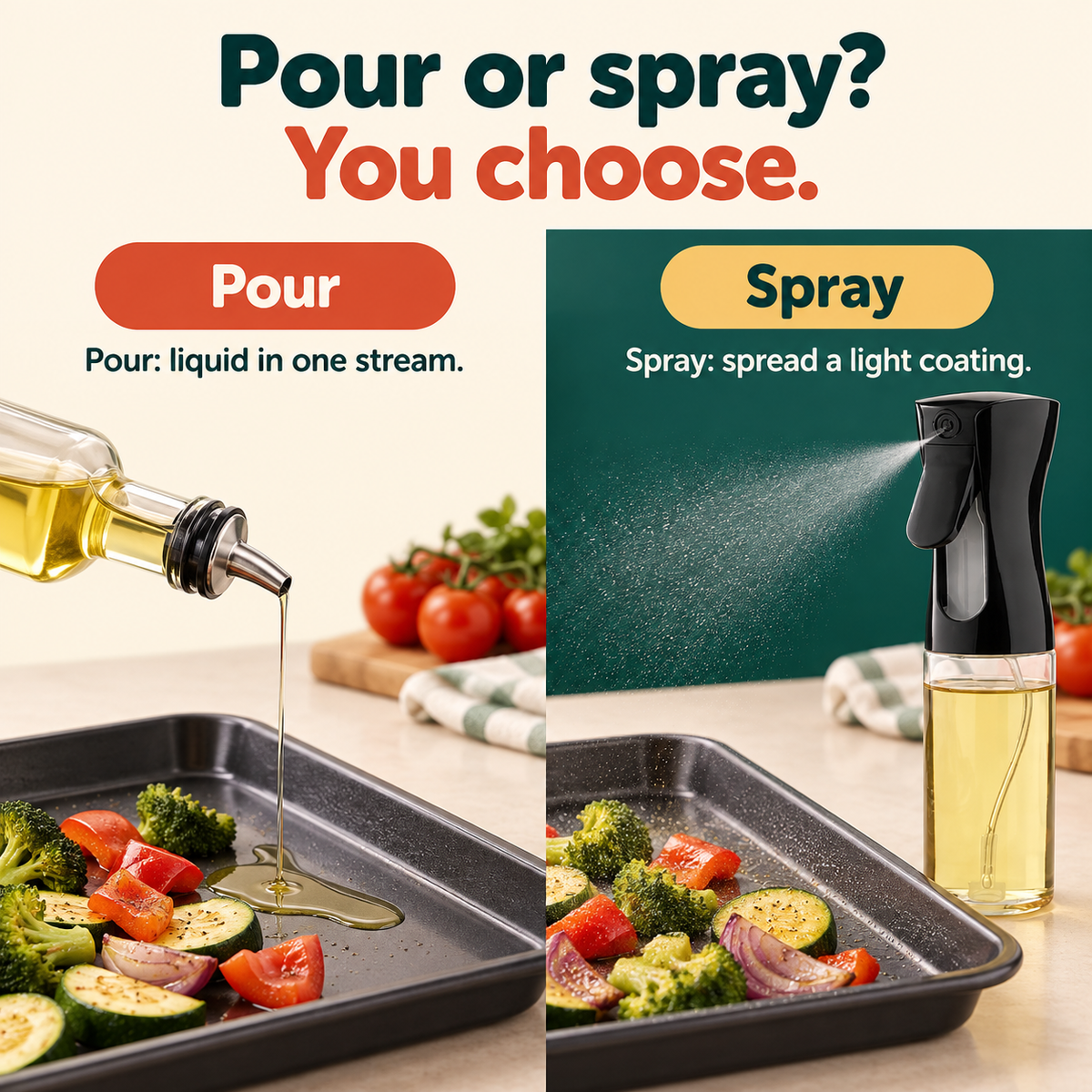Refillable Oil Spray Bottle: Pour or spray? You choose. Pour: liquid in one stream. Spray: spread a light coating.