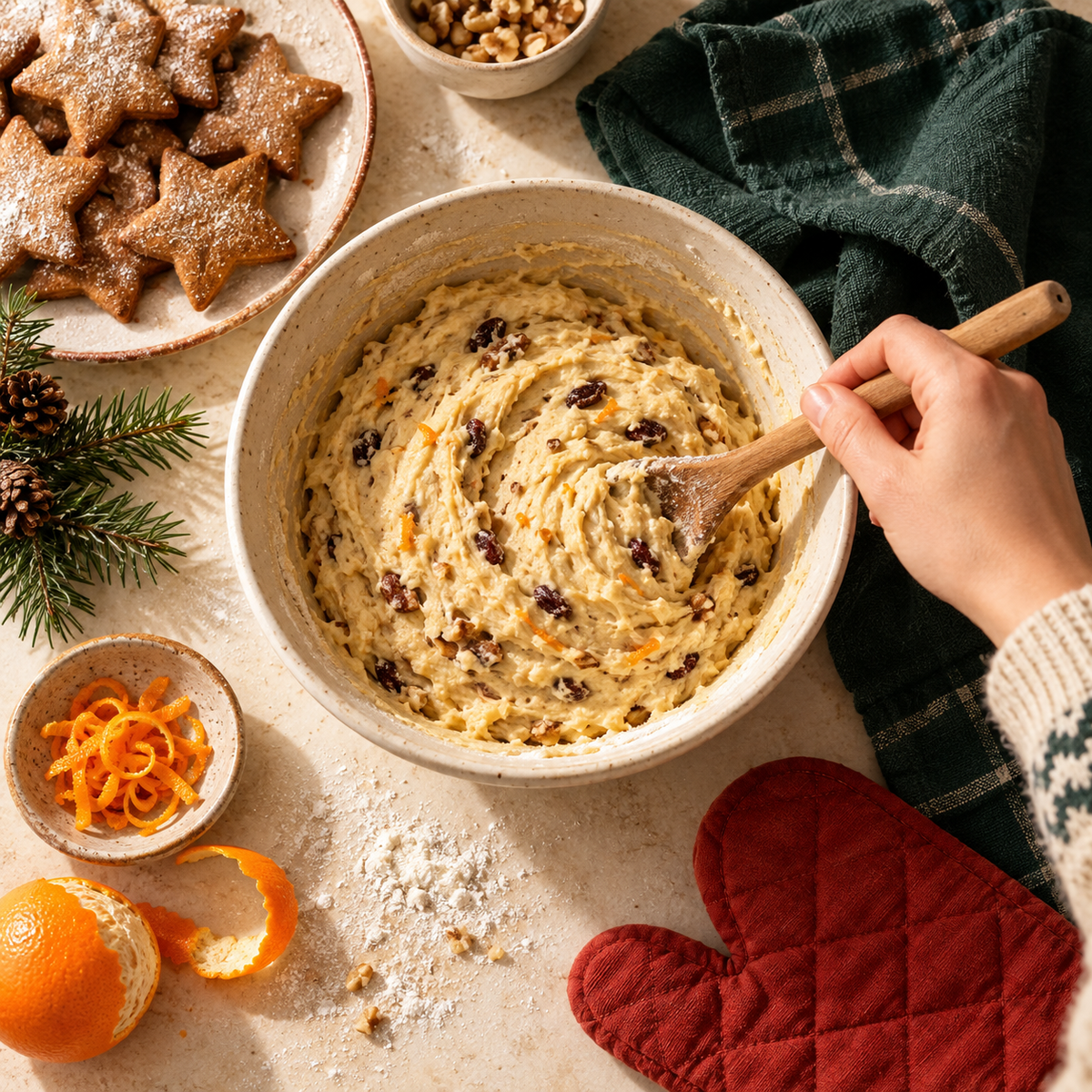 Christmas biscuits and a bowl of cake batter on a cream kitchen counter