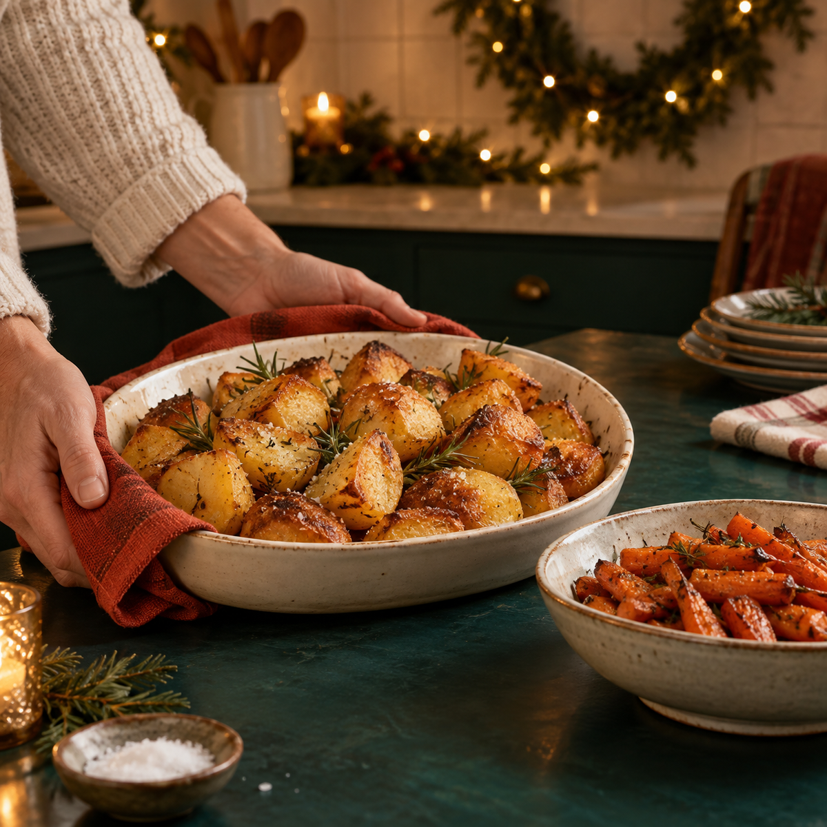 Golden roast potatoes and carrots served in a festive kitchen