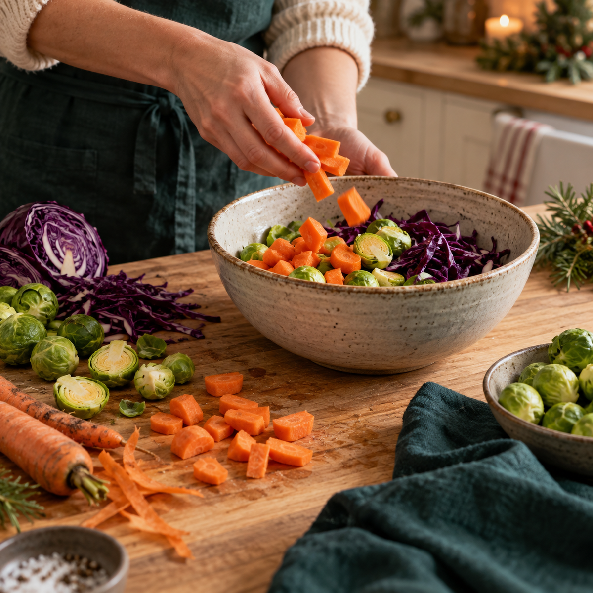Prepared carrots, sprouts and red cabbage in a festive kitchen