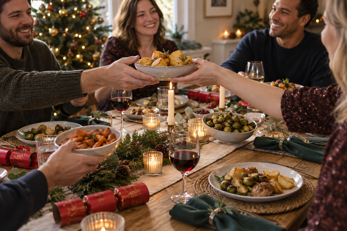 Friends passing dishes around a relaxed Christmas dinner table